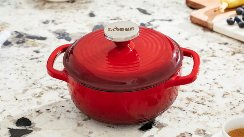 A red Lodge Dutch oven.