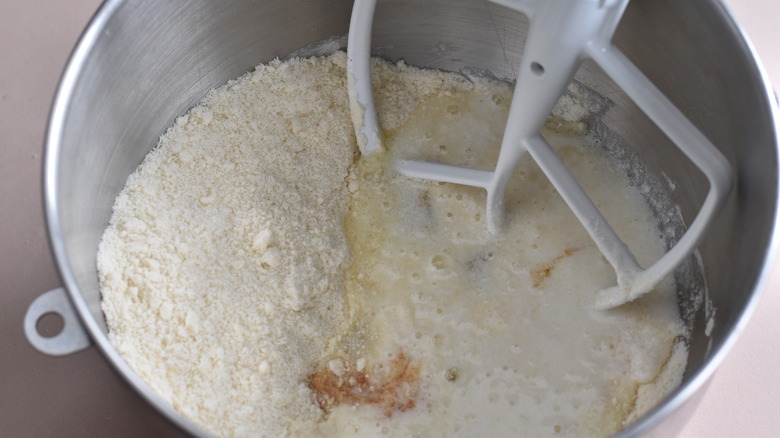 cake batter ingredients in mixer