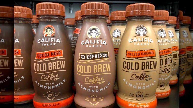 Rows of Califia Farms Cold Brew coffee sit on a grocery store's shelf