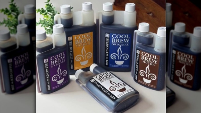 A selection of Cool Brew iced coffee concentrates sit on a white counter