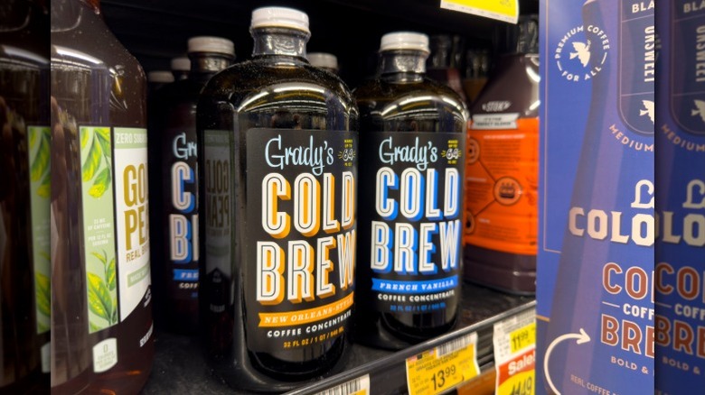 Bottles of Grady's cold brew sit on a grocery store's shelf