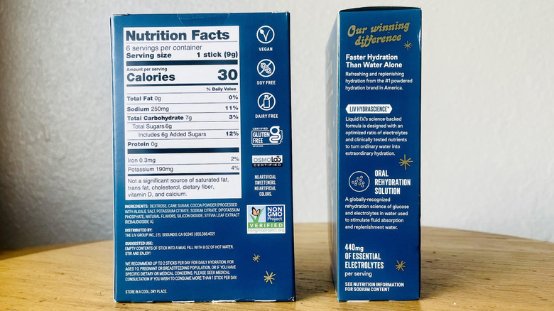 Nutritional information on back and side of Liquid I.V. Hydration Multiplier Hot Chocolate boxes