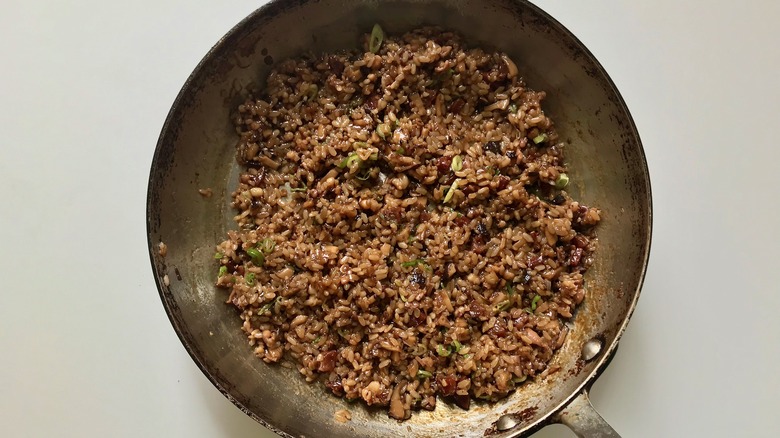 rice and squid in pan