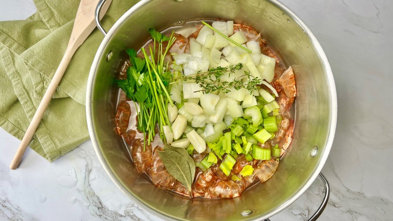 shrimp stock in metal pot