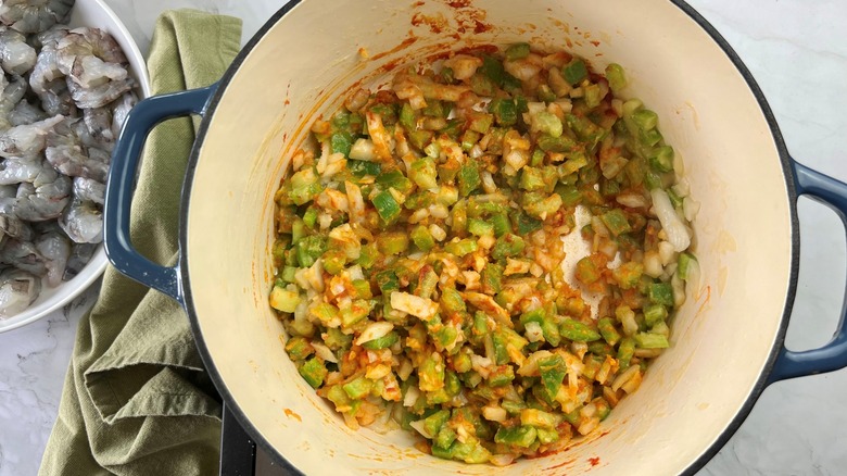 chopped cooked vegetables in white pot