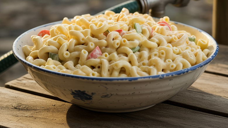 Macaroni salad in a bowl.