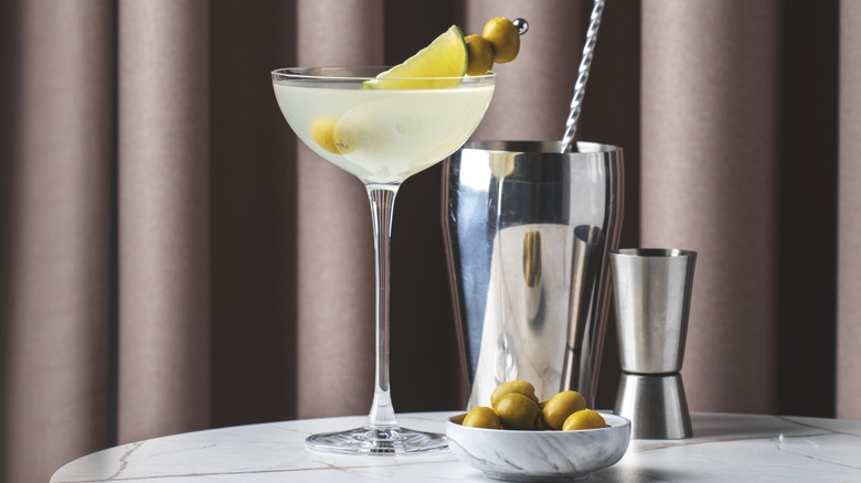 A martini paired with all the equipment.