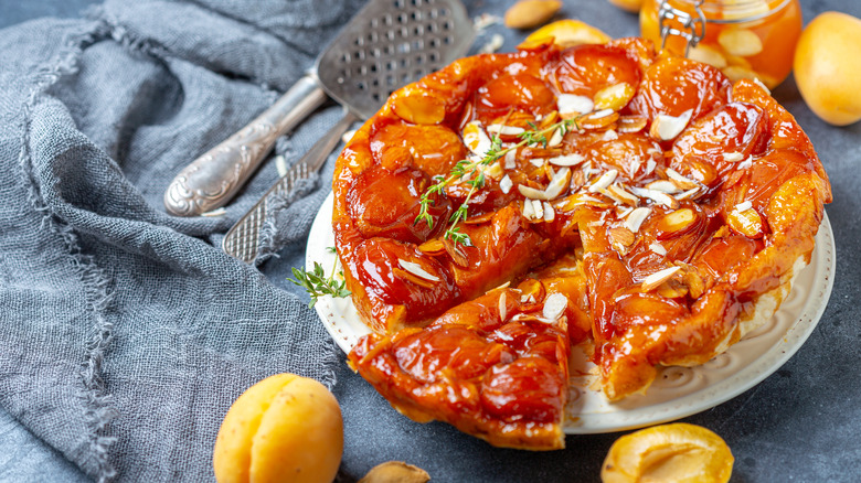 caramelized apricot tart with fresh thyme and slivered almonds