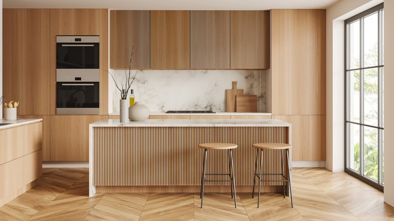 A clean and minimalist kitchen with no artwork