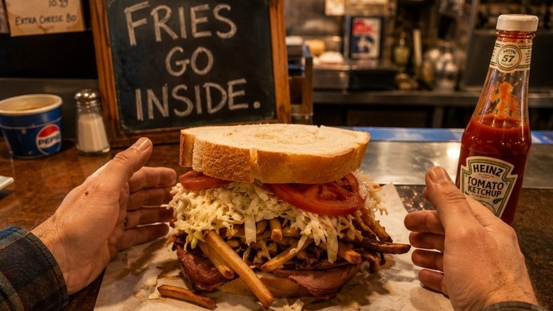 A Primanti Bros. Pitts-Burger, showing the burger topped with cheese, fries, coleslaw, and a tomato on Italian thick-sliced bread