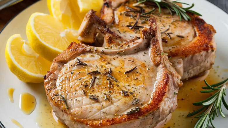 Pork chops served with lemons.