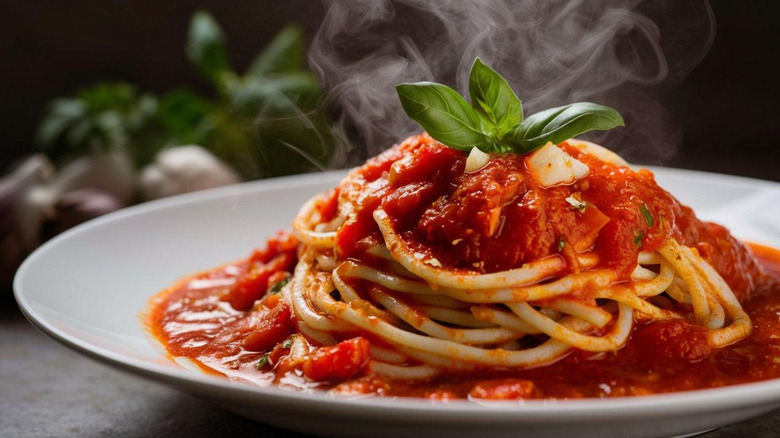 plated bowl of pasta with tomato sauce, garlic, and fresh basil