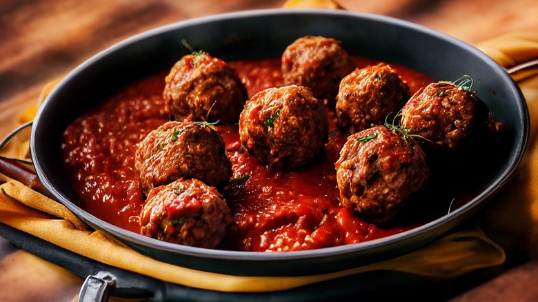 Pan with meatballs and tomato sauce