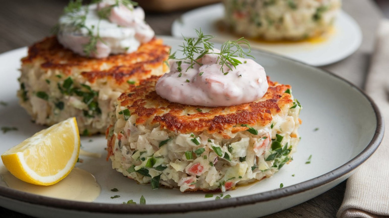Crab cakes served with tartar sauce and lemon