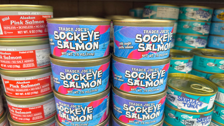 Trader Joe's canned sockeye salmon on a store shelf