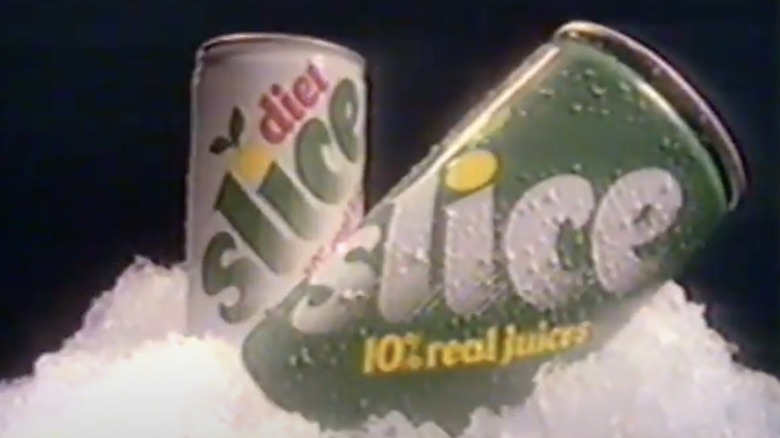 Cans of Slice and Diet Slice arranged in crushed ice