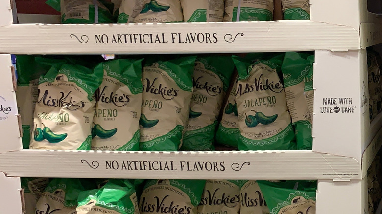 Display case filled with bags of Miss Vickie's jalapeño flavor chips