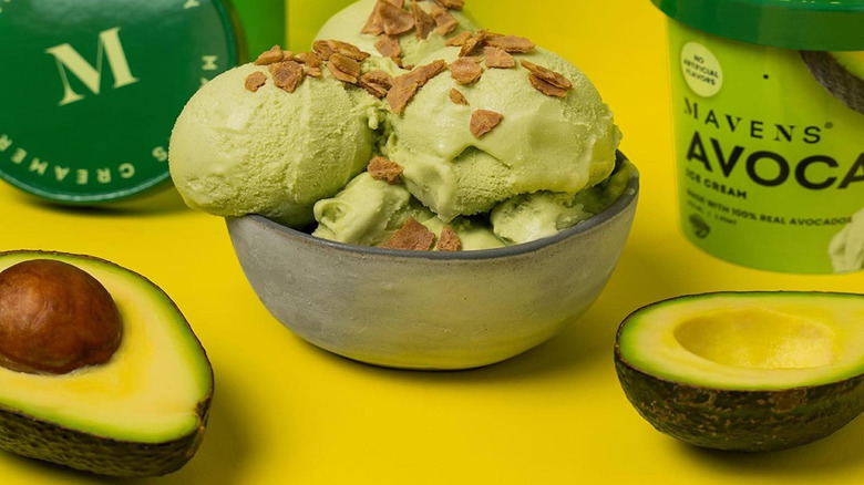 Bowl of avocado ice cream with Mavens Creamy tub