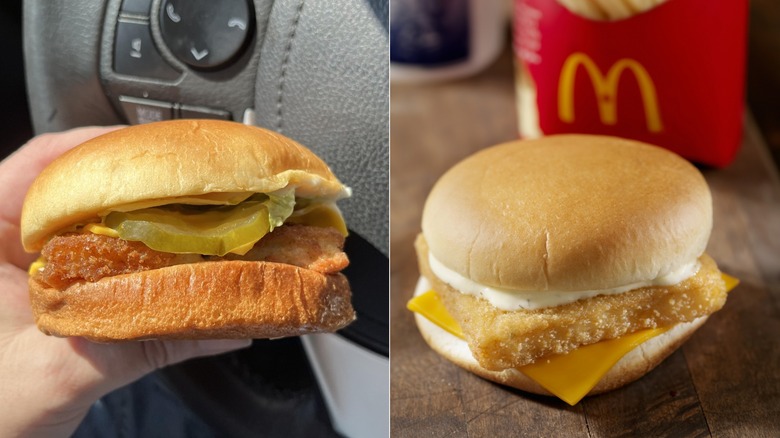 Someone holds Burger King's Big Fish sandwich on the left, and on the right, a McDonald's Filet-o-Fish sits before some fries and a Coke.