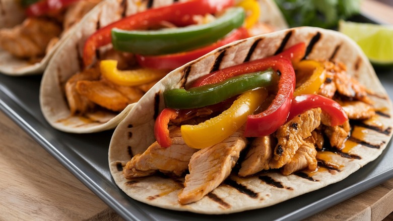 Chicken fajitas served on a tray