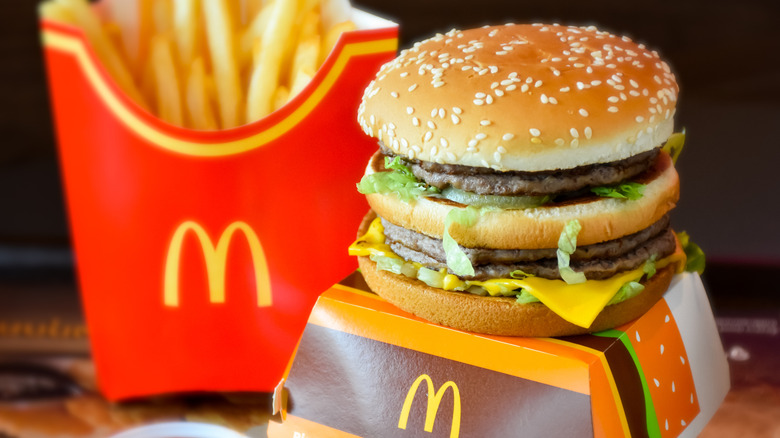close up of a Double Big Mac on top of its box with a side of fries and ketchup