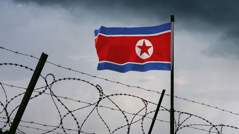 North Korean flag behind barbed wire