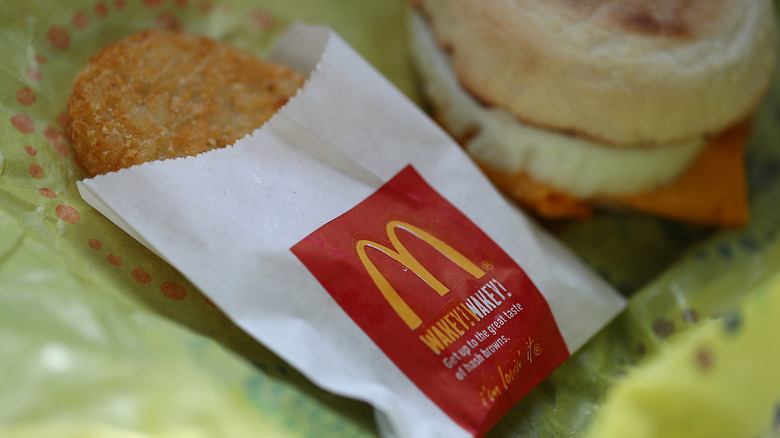 McDonald's breakfast sandwich and hash browns.