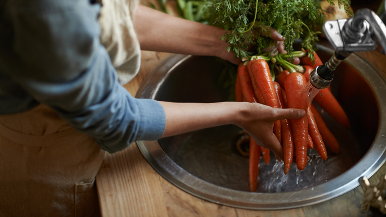 cook washing whole carrots in a sink