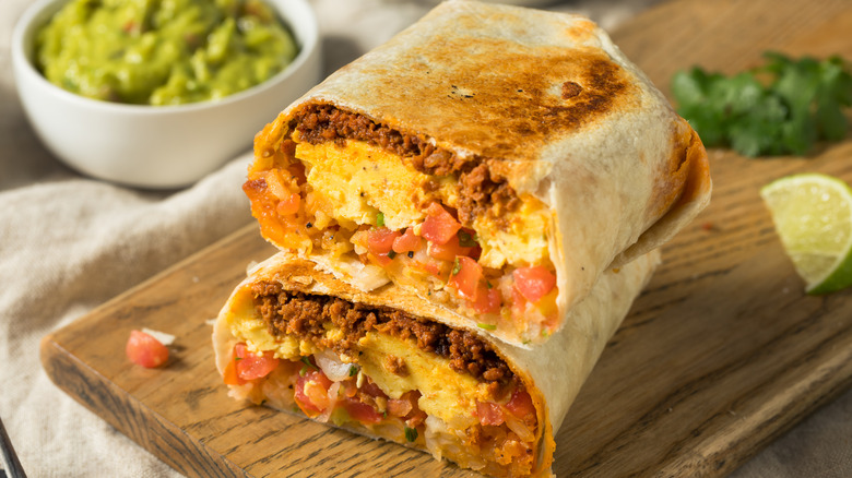 breakfast burrito sliced and stacked