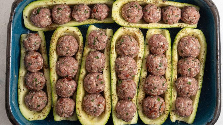 raw meatballs in raw zucchini