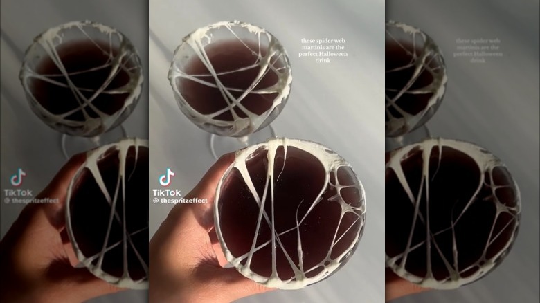 Halloween martinis with marshmallow spider web