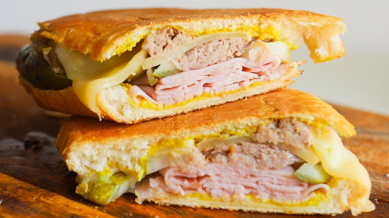 Cuban sandwich slices stacked