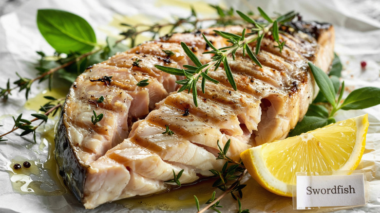 Grilled swordfish with thyme and lemon.