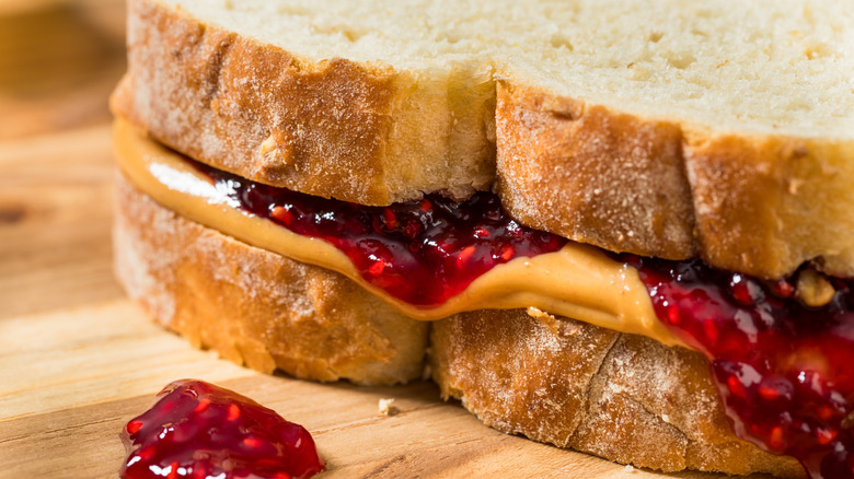 Close-up of a peanut butter and jelly sandwich