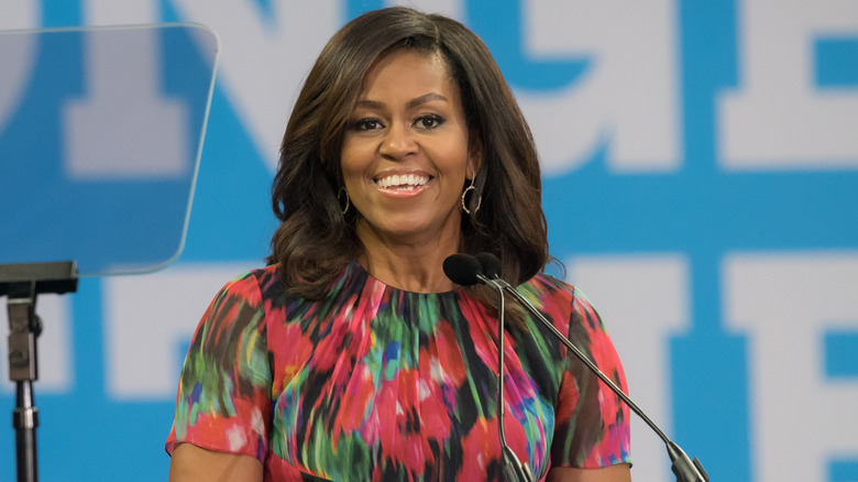 Close-up of Michelle Obama wearing a multicolored dress
