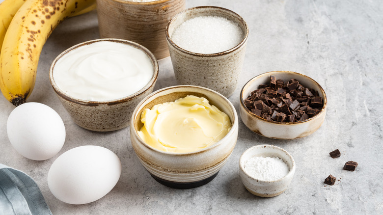 cake ingredients in separate bowls