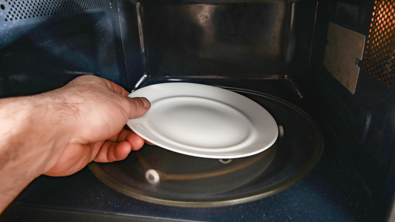 hand putting plate in microwave