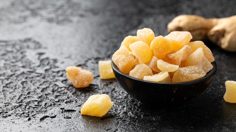 crystallized ginger in black bowl