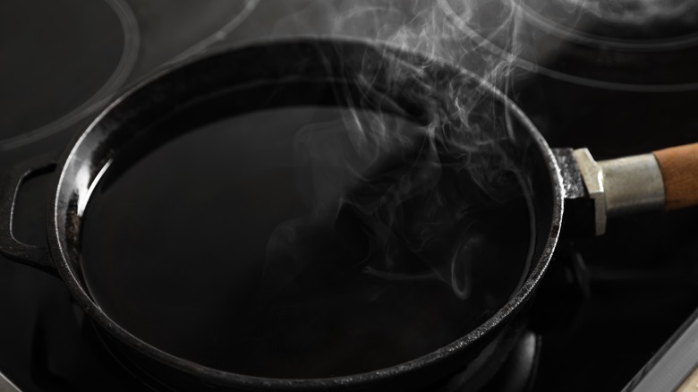 Frying pan with smoking oil