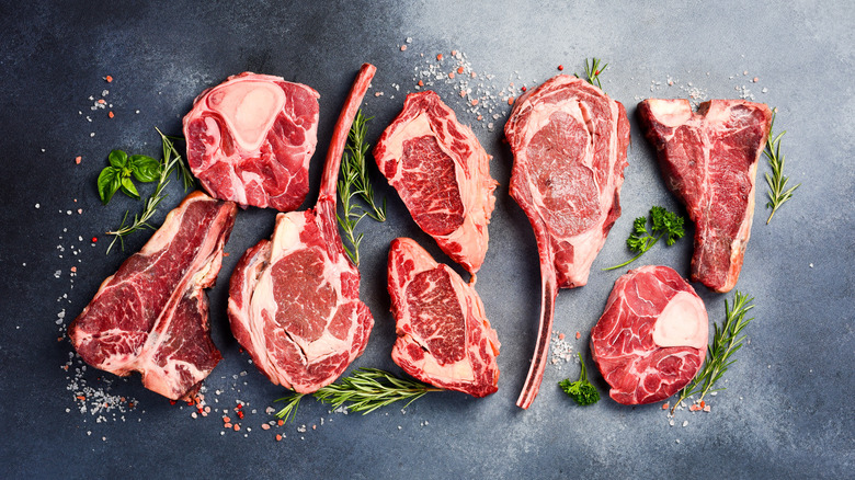 Different cuts of raw steak