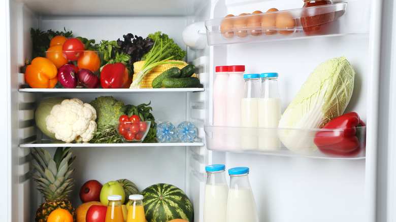 Fridge full of fresh vegetables and fruit