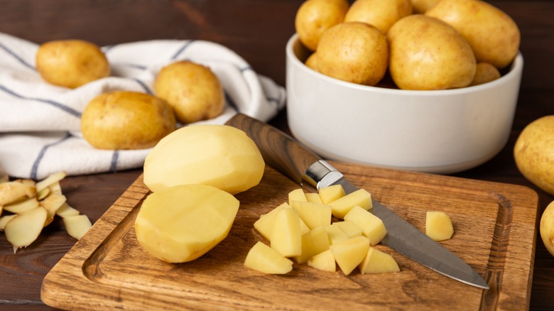 diced potatoes on cutting board