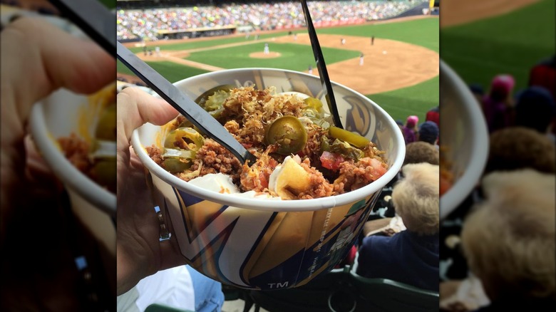 Order of Bratchos with peppers and pico de gallo at AmFam Field