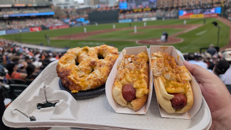 Hand holding tray with mac and cheese hot dogs and pretzel
