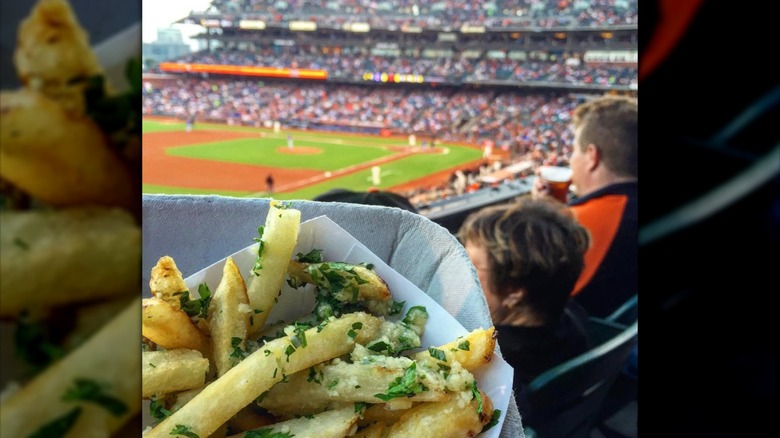 Closeup of garlic fries at Oracle Park