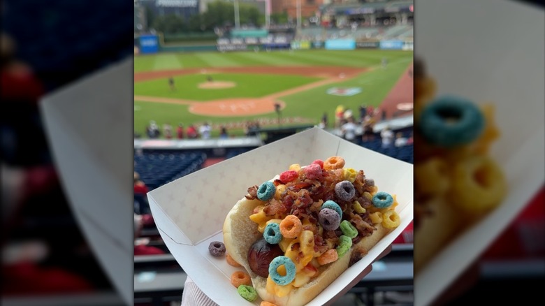 Froot Loops with mac & cheese and bacon on a hot dog at Progressive Field