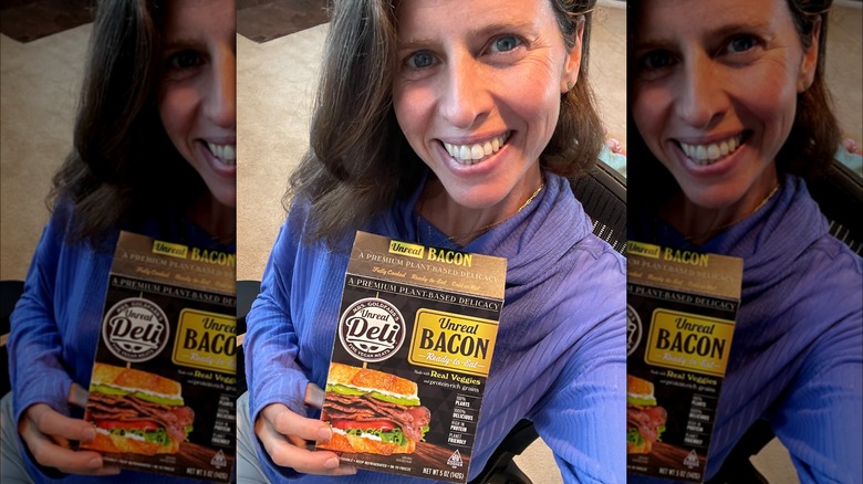 Jenny Goldfarb holding vegan bacon