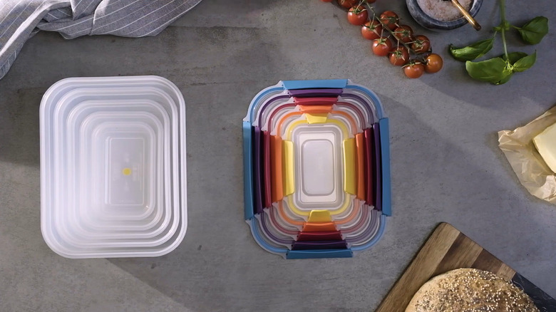 Multi-colored Joseph Joseph food storage containers stacked on a counter top