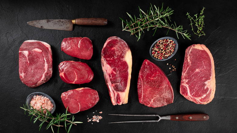 A variety of different beef cuts.
