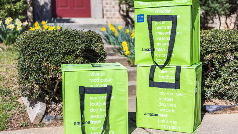 Amazon Fresh insulated grocery delivery bags in front of a house.